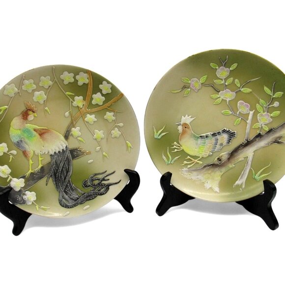 SHAFFORD Bird Plates 3D Set Of 2 Green Wall Art Japan Vintage 8" - Picture 1 of 12